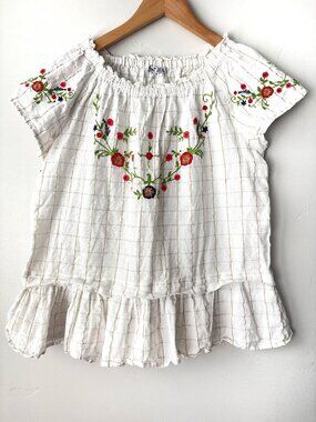 Dex Embroidered Plaid Peasant Blouse White Gold Grid Boho Cap Sleeve Womens XL